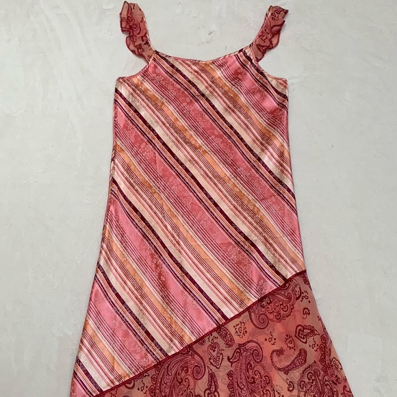 Vintage Pink & Orange Funky Patterned Stripe/Paisley Satin & Mesh Midi Dress - Picture 2 of 3